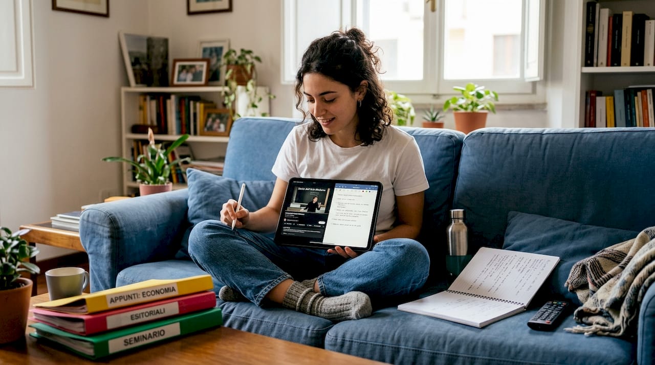 Uno studente comodamente seduto sul divano di casa mentre si fa aiutare da un tutor virtuale basato sull’intelligenza artificiale.