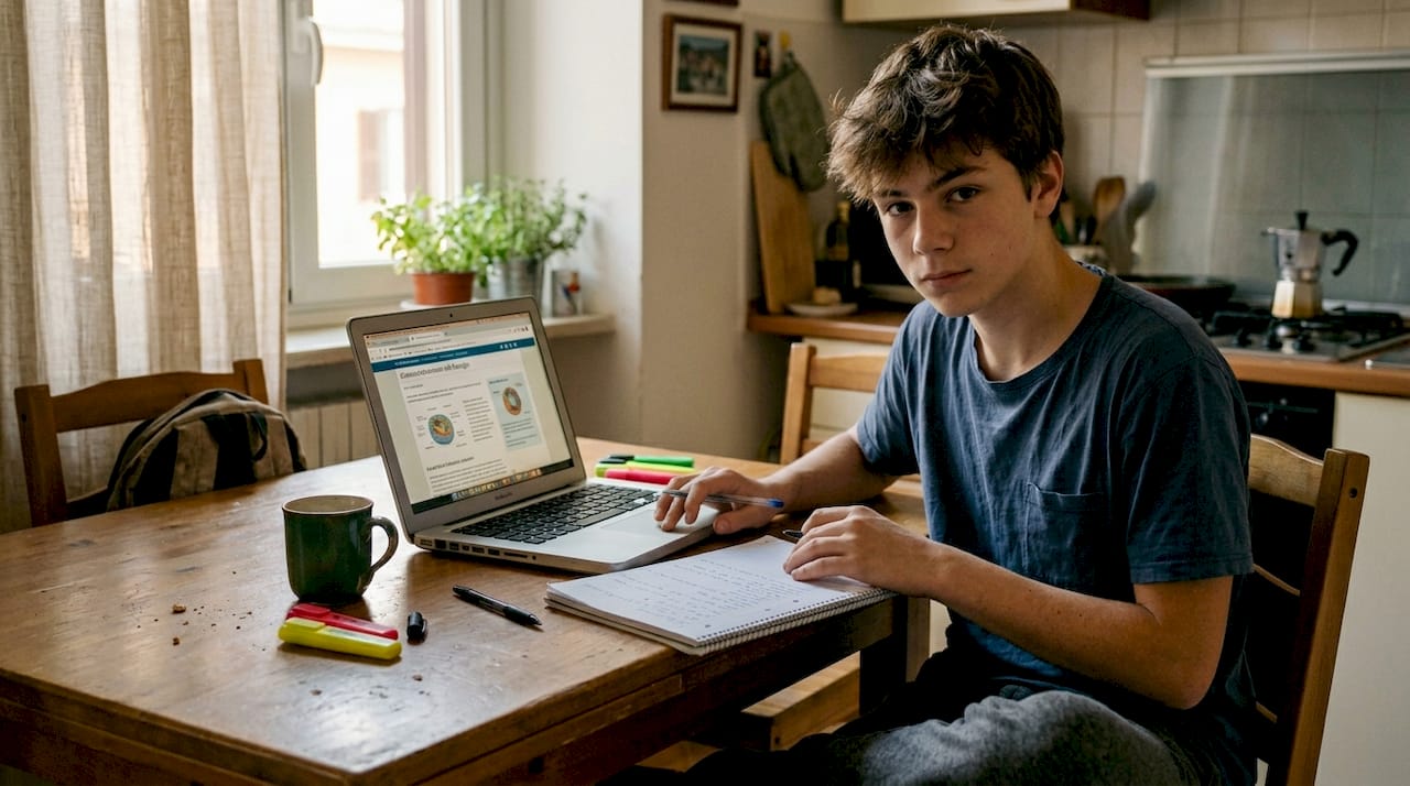 Un ragazzo adolescente che segue le lezioni online seduto al tavolo della cucina.