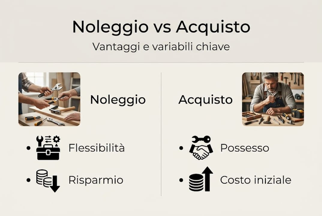 Infografica: pro e contro del noleggio rispetto all’acquisto di strumenti