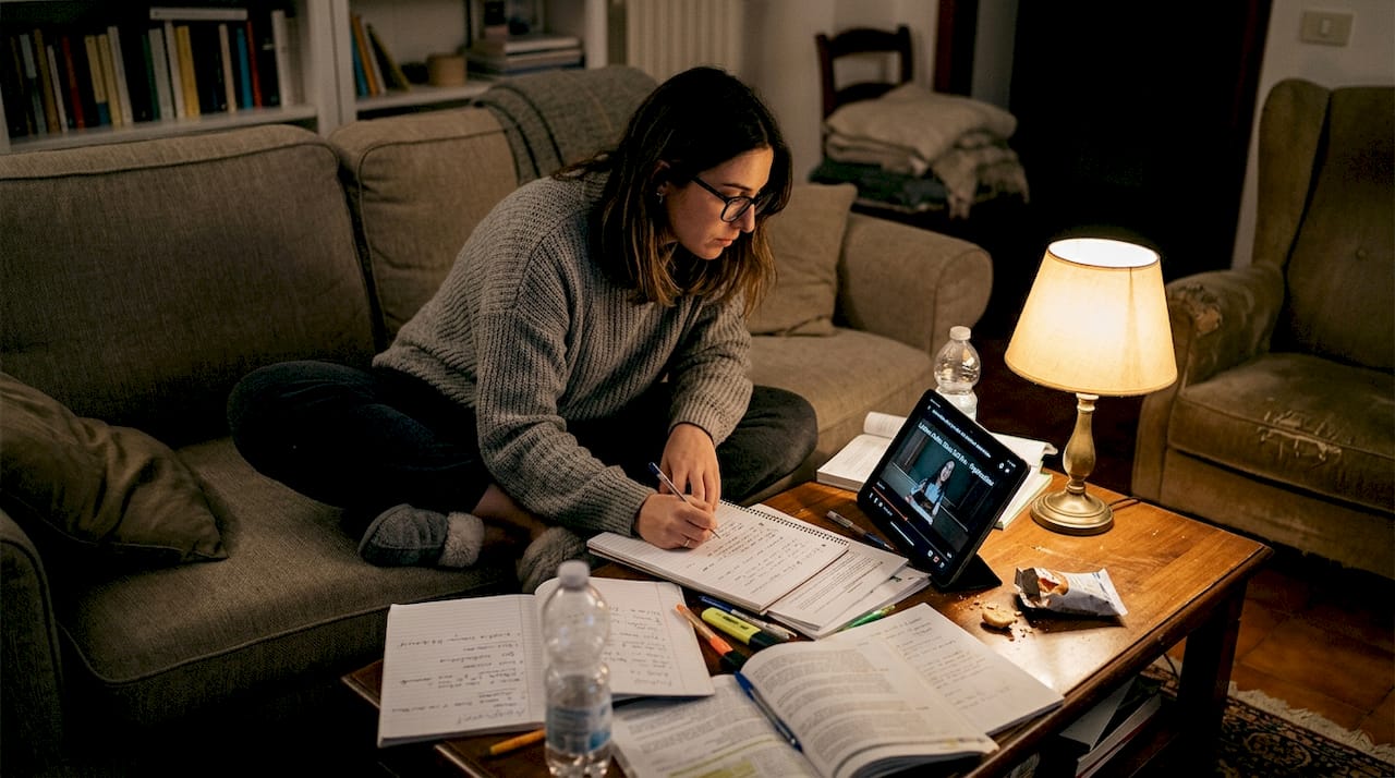 Una giovane donna sta studiando online a casa, immersa nei libri fino a tarda notte.