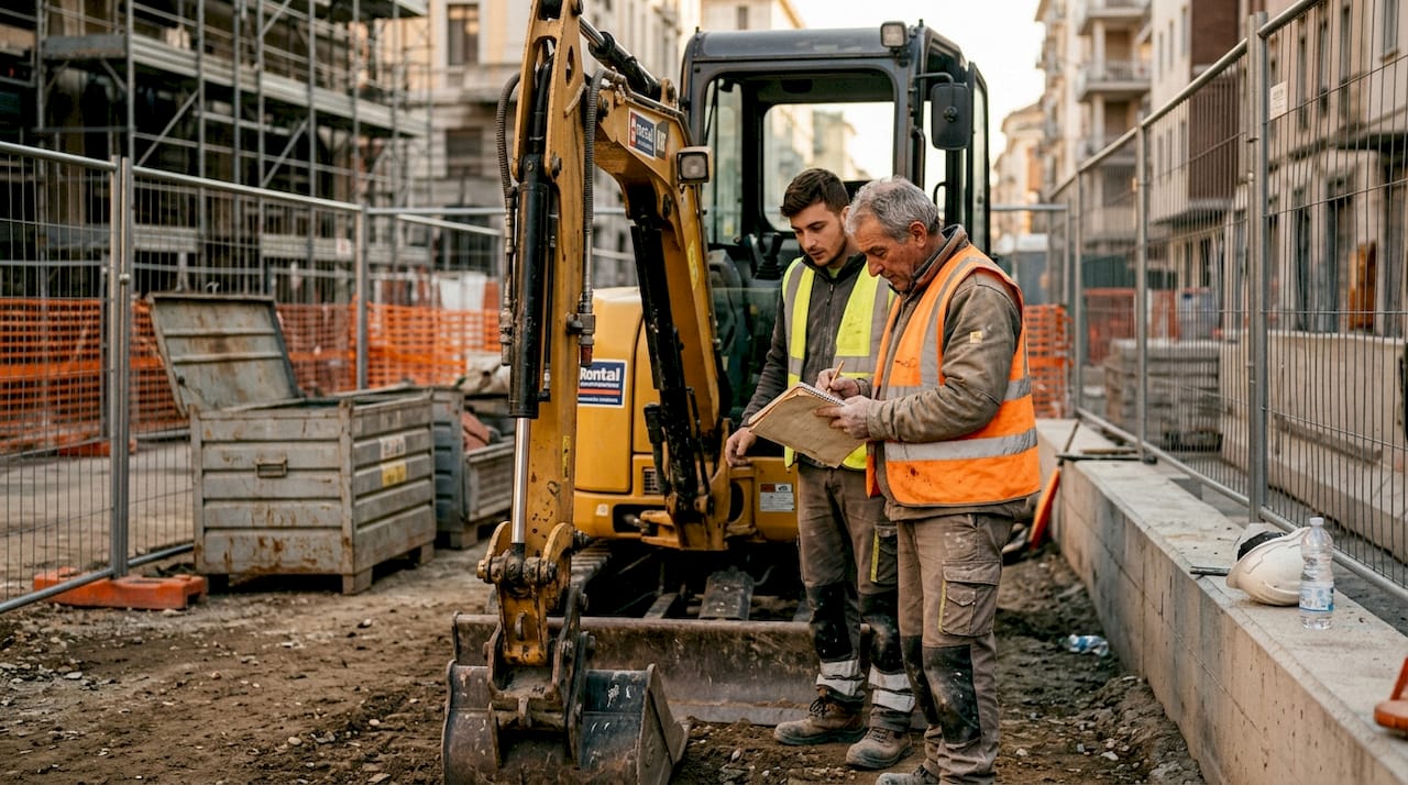 Alcuni operai edili al lavoro accanto a un escavatore a noleggio