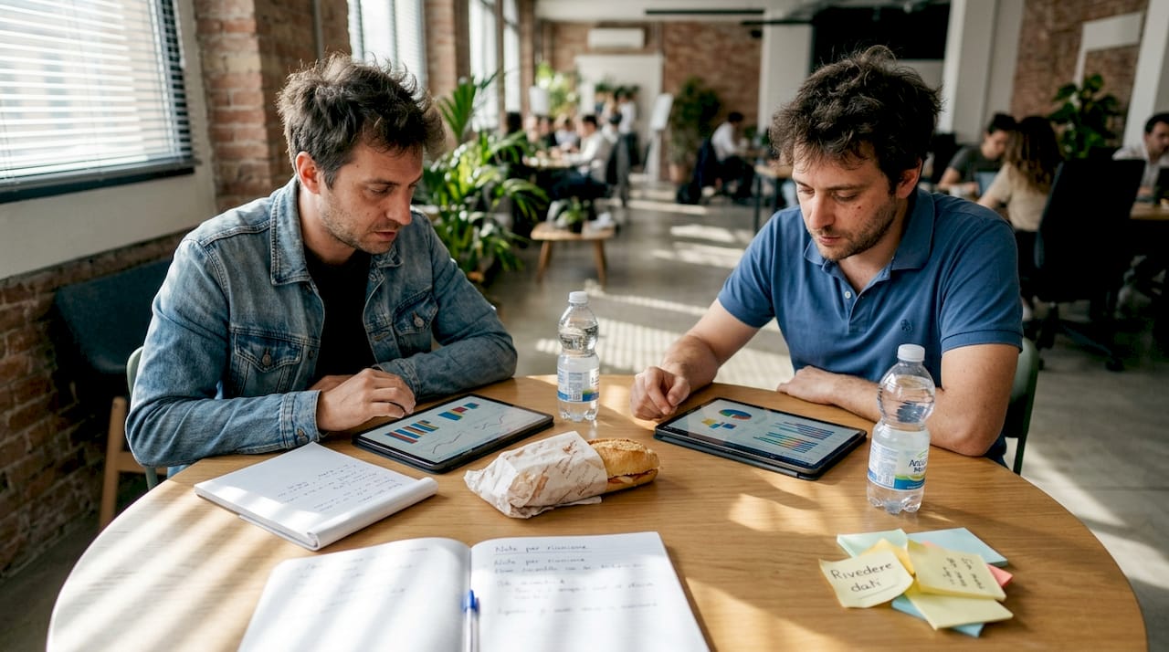 Area coworking dove alcuni uomini confrontano i loro percorsi di studio