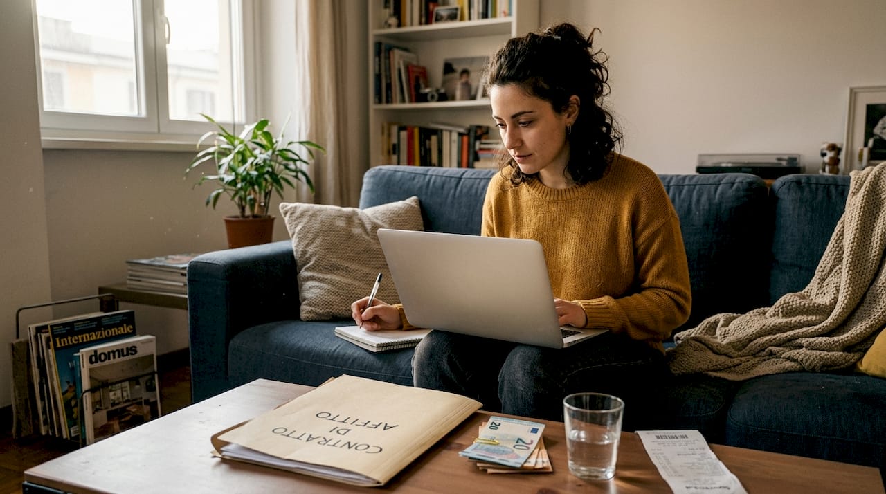 Prima di effettuare il pagamento, una donna controlla con attenzione il contratto di affitto.