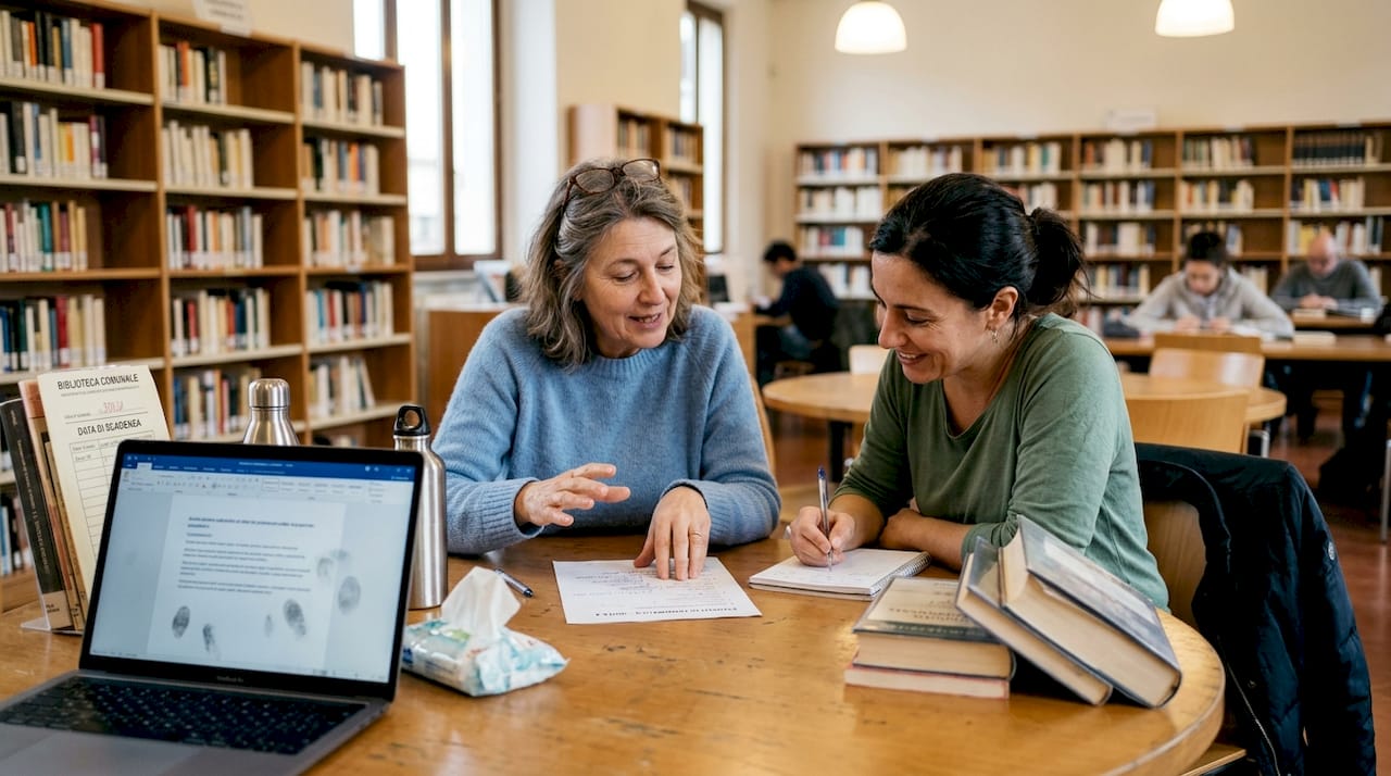 Un insegnante affianca un adulto nello studio al tavolo della biblioteca, offrendo supporto e consigli per aiutarlo a comprendere meglio la materia.