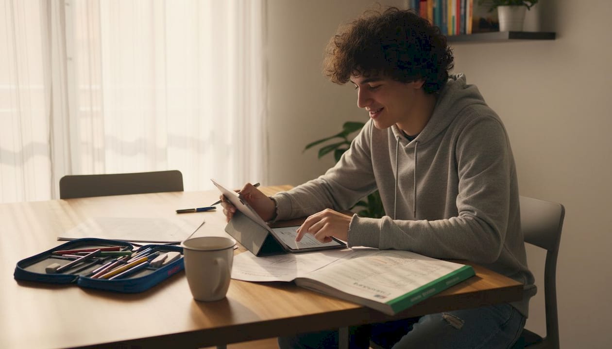 Uno studente seduto al tavolo di casa mentre ripassa i compiti personalizzati