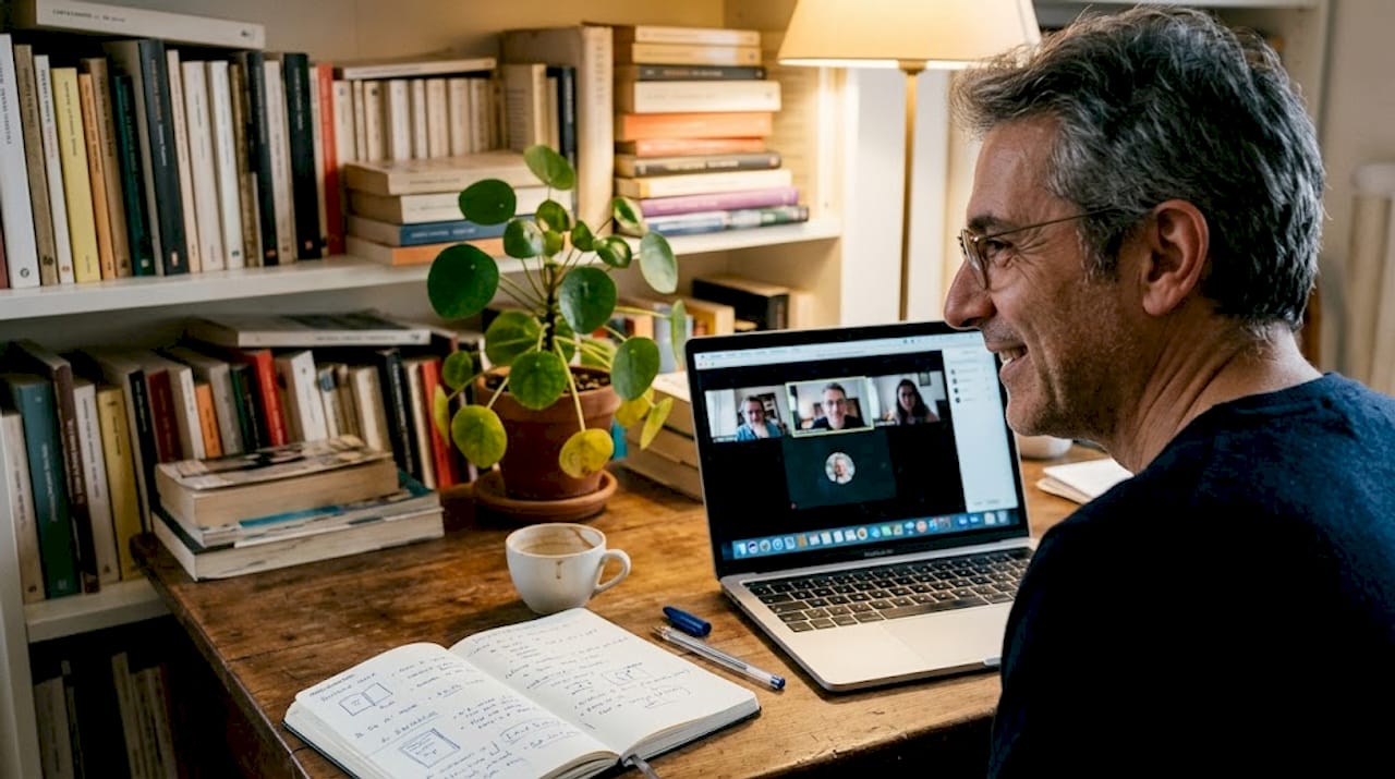 Il tutor svolge le sue lezioni online direttamente dal suo studio di casa.