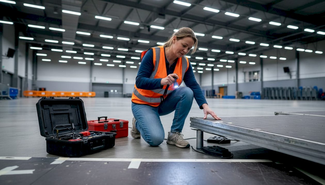 Tecnico al lavoro mentre controlla le attrezzature del palco all’interno di una sala eventi.