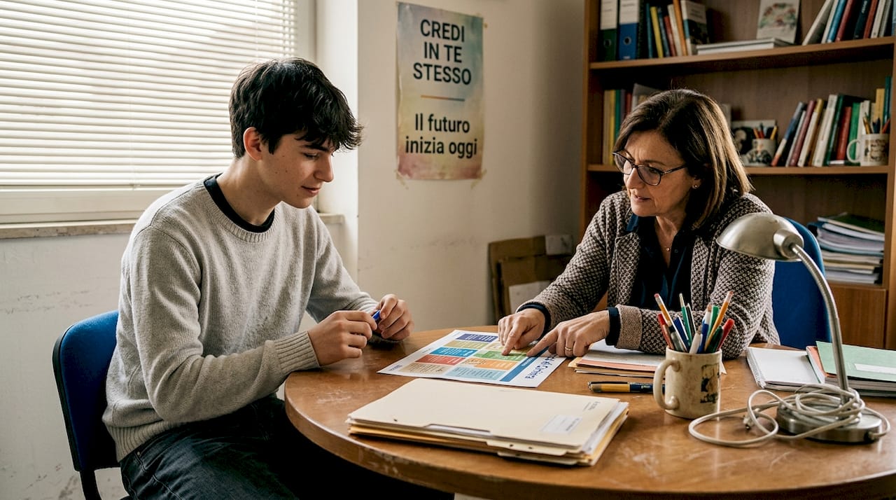 Uno studente si confronta con l’orientatore nella luminosa sala colloqui della scuola.