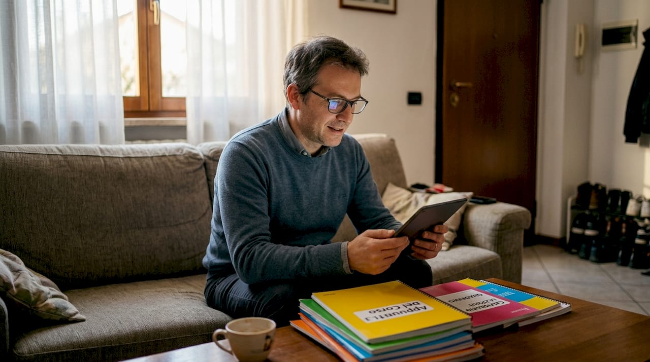 Un adulto che segue un corso online comodamente dal salotto di casa