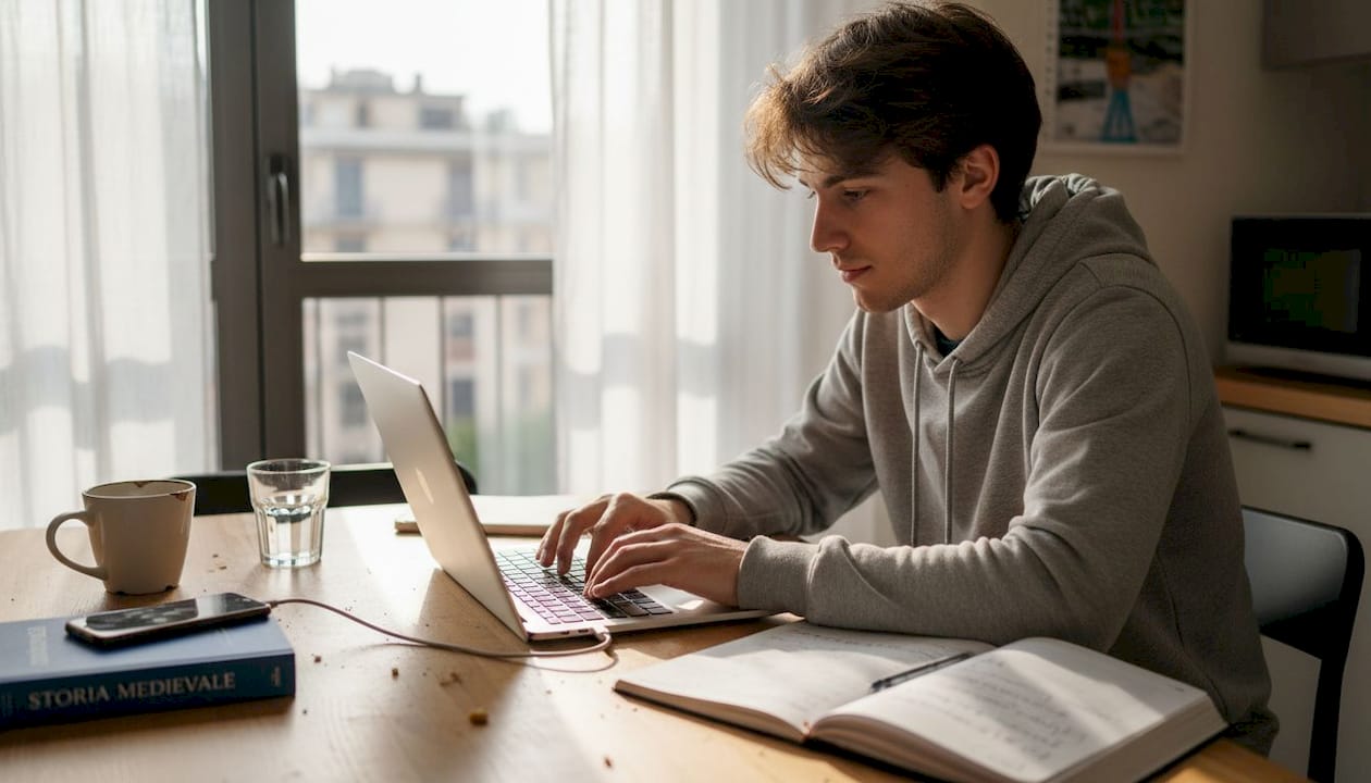 Uno studente immerso nello studio delle metodologie di apprendimento agile, seduto al tavolo della cucina, tra libri e appunti.