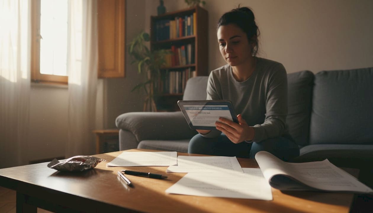 Donna impegnata nello studio online per recuperare gli anni scolastici.