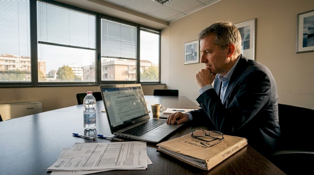 Un uomo esamina attentamente i contratti di noleggio degli arredi per l’ufficio.