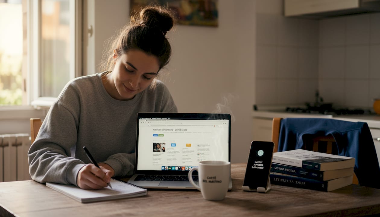 Una ragazza frequenta un corso online di cucina per ottenere il diploma.