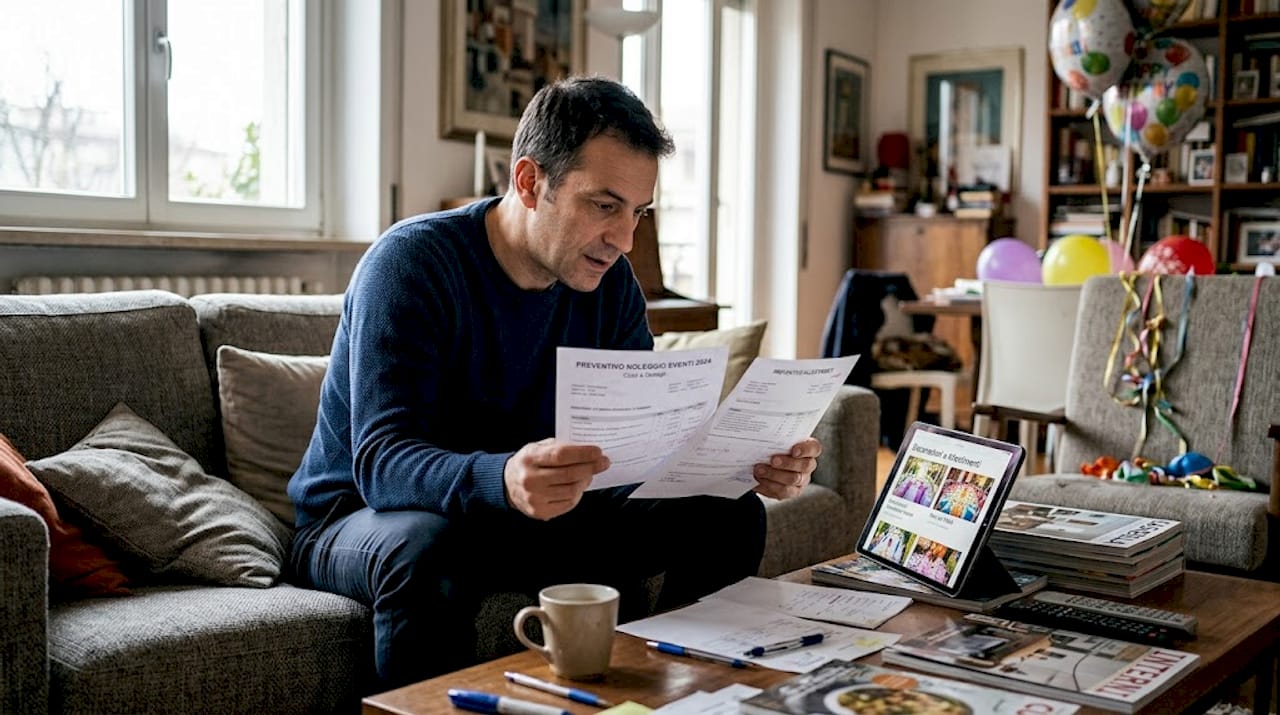 Persona che confronta preventivi per il noleggio di attrezzature per eventi comodamente da casa