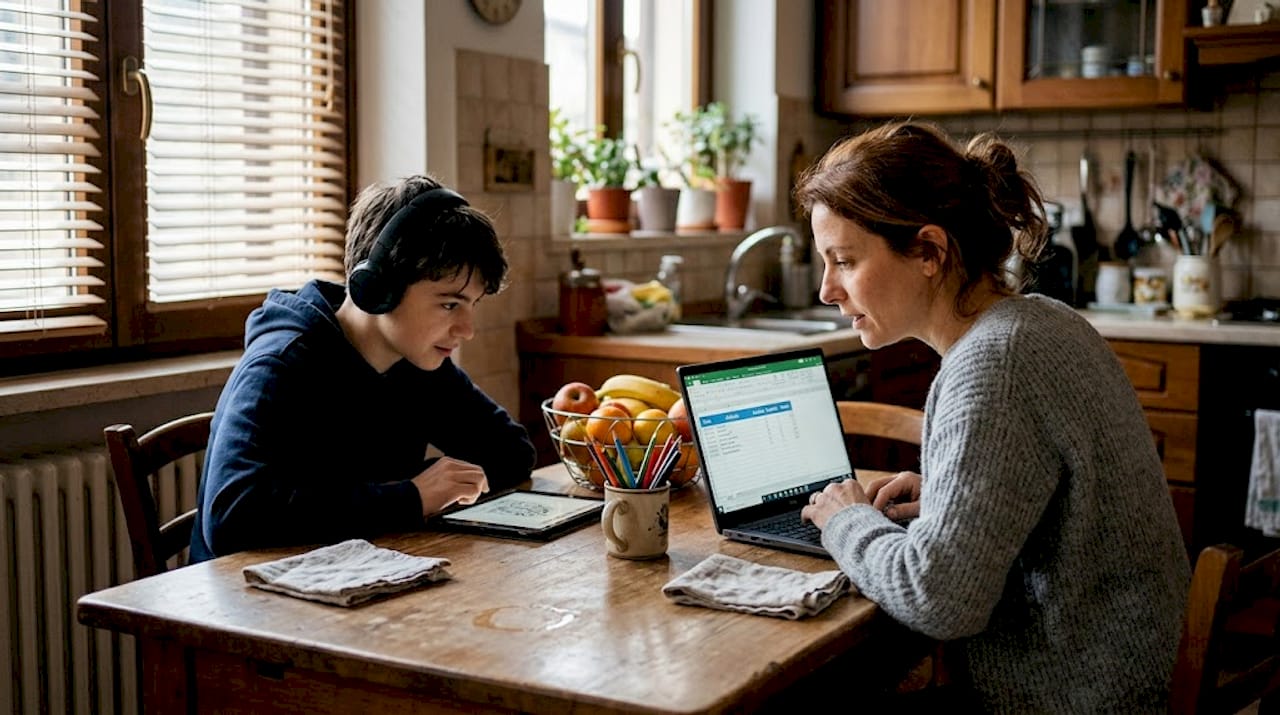 Mother and teen son working together on online school