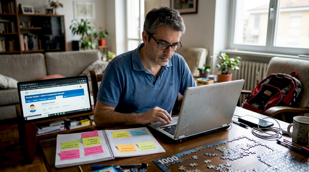 Papà che si occupa di gestire gli strumenti digitali per favorire l’apprendimento del proprio figlio