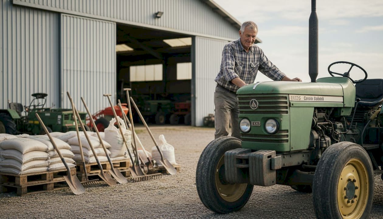 Un agricoltore prende posto su un trattore preso a noleggio.