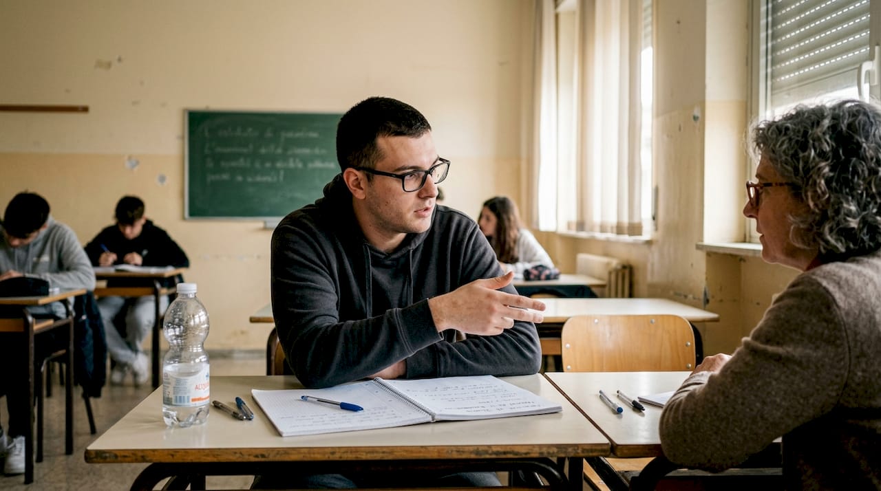 Uno studente adulto si rivolge all’insegnante per chiedere un aiuto.