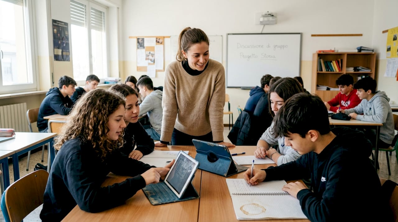L’insegnante coinvolge gli studenti nelle lezioni utilizzando il tablet come strumento didattico.