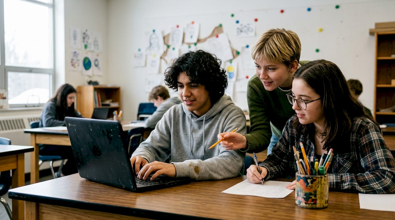 Un gruppo di studenti lavora insieme al computer durante la lezione.