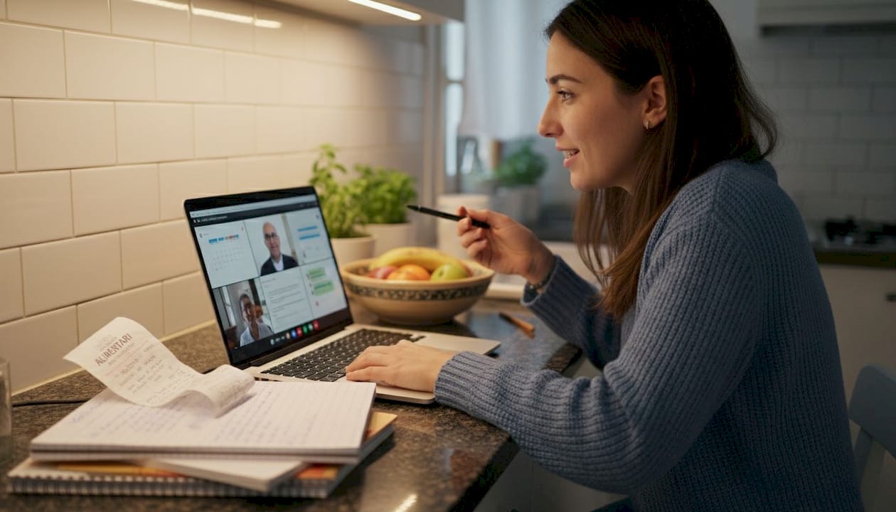 Un ragazzo che prende lezioni di cucina in modo informale, chiacchierando e imparando tra i fornelli di casa.