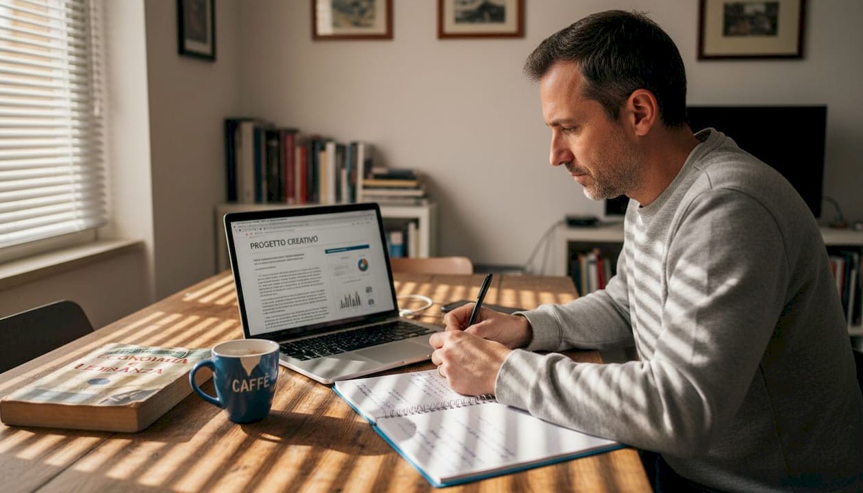 Adulta che studia da casa, lavorando al computer al tavolo della cucina.