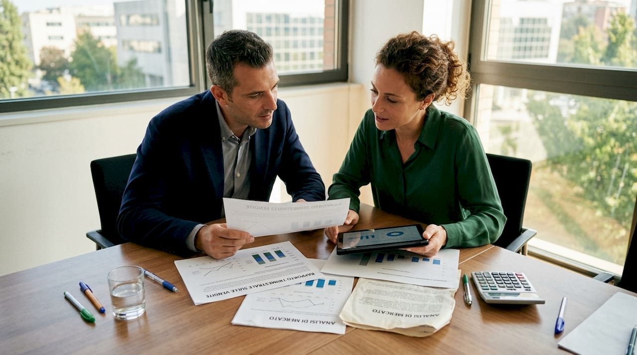 Gli operatori si confrontano sui processi di noleggio durante una riunione attorno al tavolo.