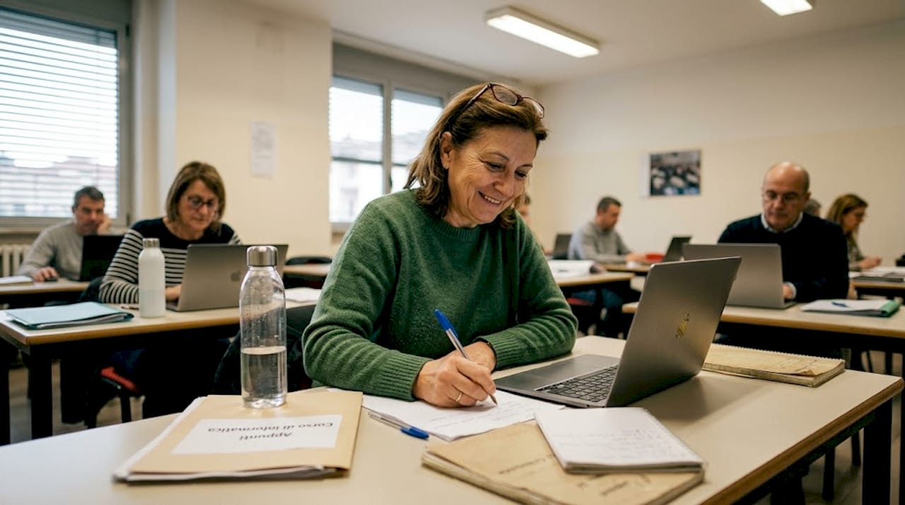 In mezzo alla confusione dell’aula, un adulto prende appunti con attenzione durante la lezione.