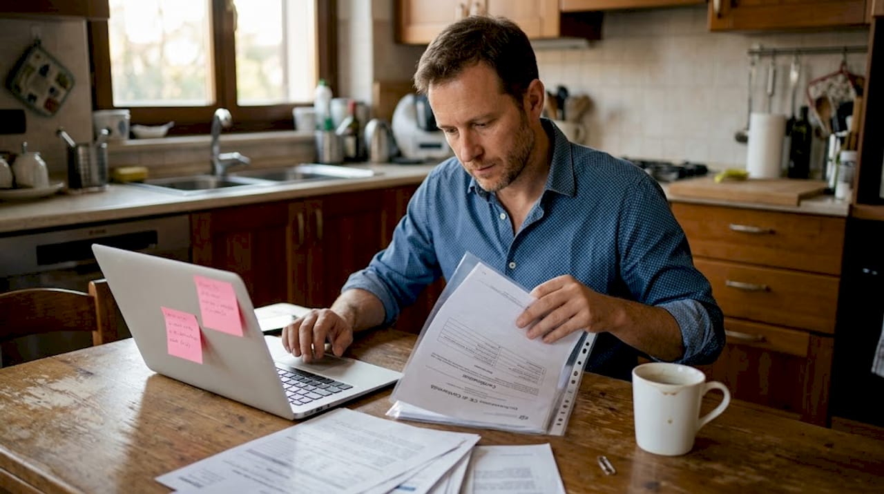 Un uomo sta verificando i documenti necessari per il noleggio delle decorazioni.