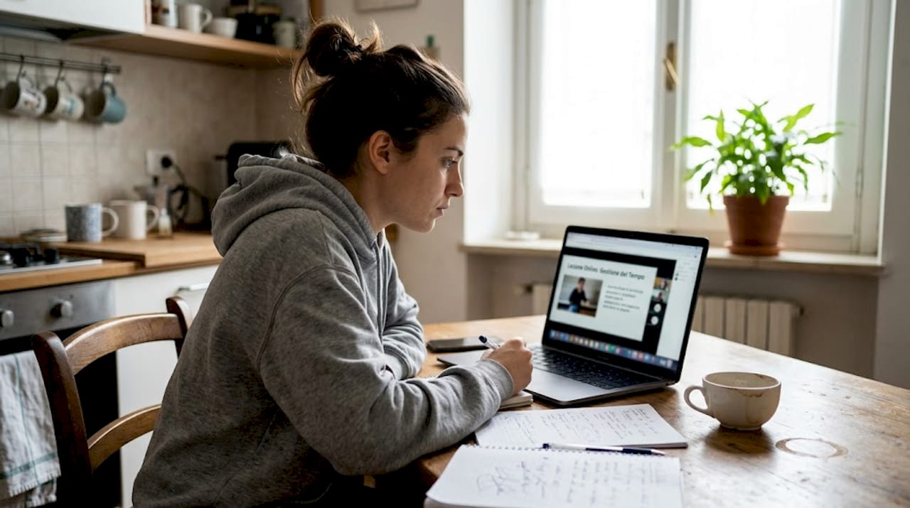 Una ragazza sta frequentando un corso di cucina online.