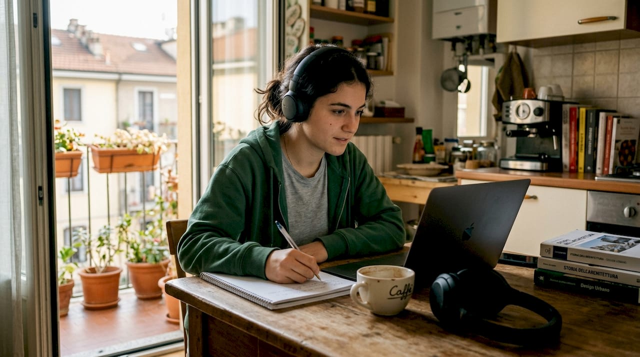 Una studentessa segue la lezione online comodamente dalla cucina di casa.