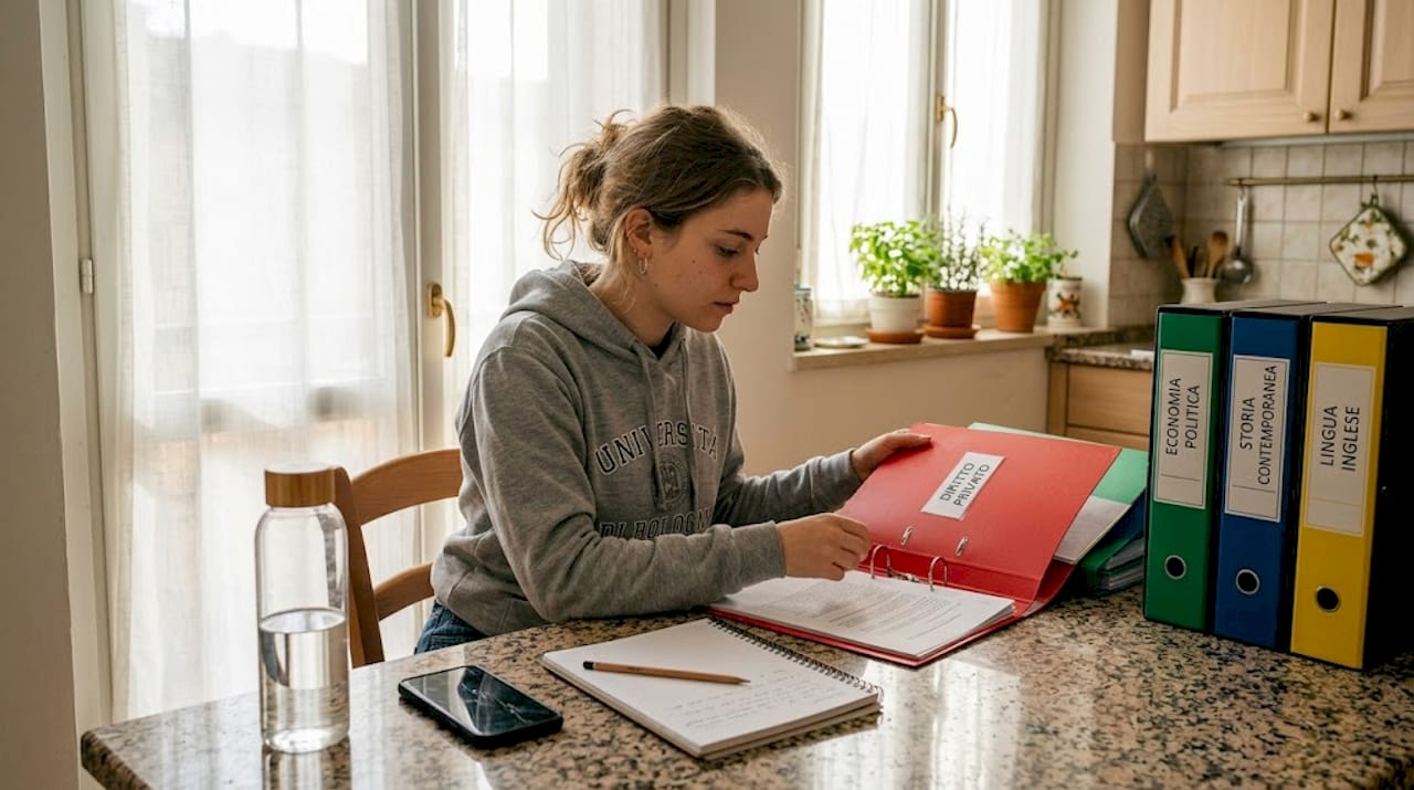 Uno studente che si occupa di sistemare e organizzare i documenti scolastici relativi all'anno di recupero