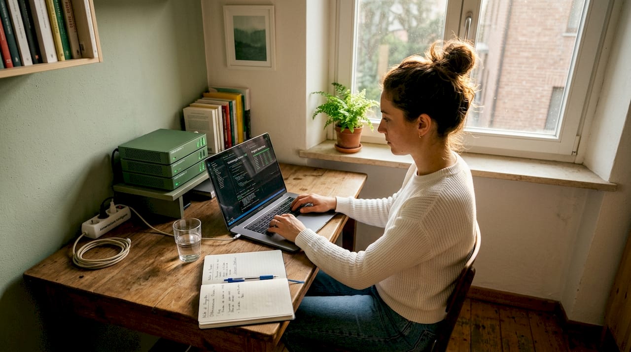 Una donna sta lavorando al computer, utilizzando server ecosostenibili.