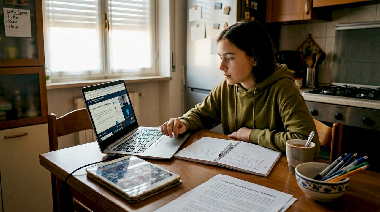 Ragazzo impegnato a seguire le lezioni online seduto al tavolo della cucina