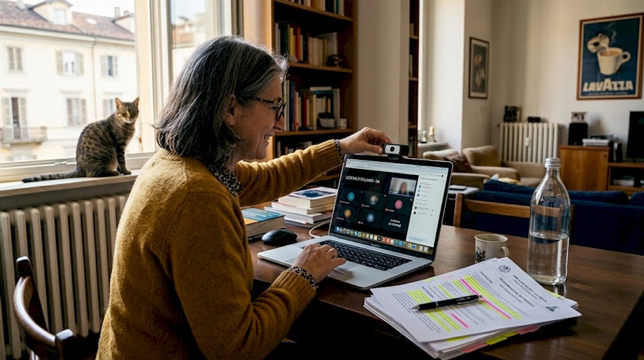 L’insegnante sistema la webcam prima di iniziare la lezione online.