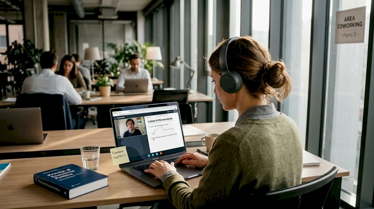 Donna che studia al computer con l’aiuto di una piattaforma di tutoraggio online