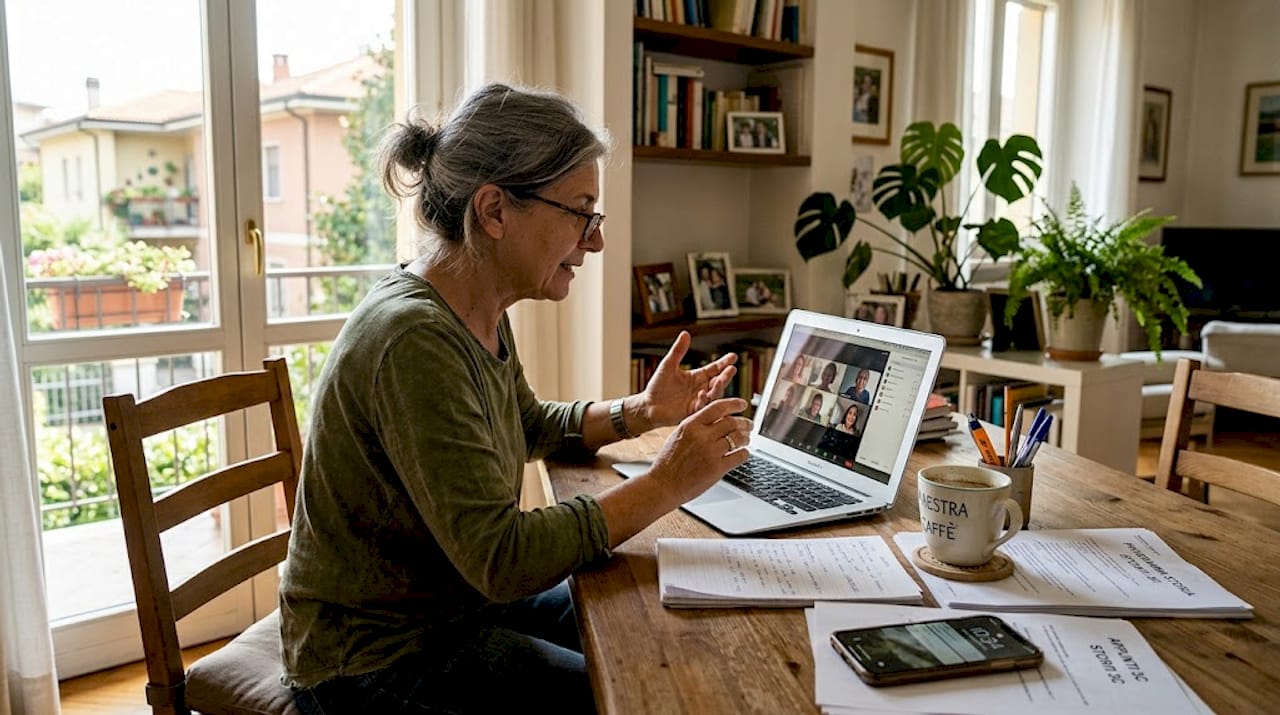 Un insegnante tiene le sue lezioni online comodamente dal soggiorno di casa.