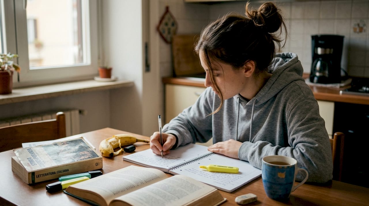 Una studentessa prende appunti per prepararsi alla verifica scritta.