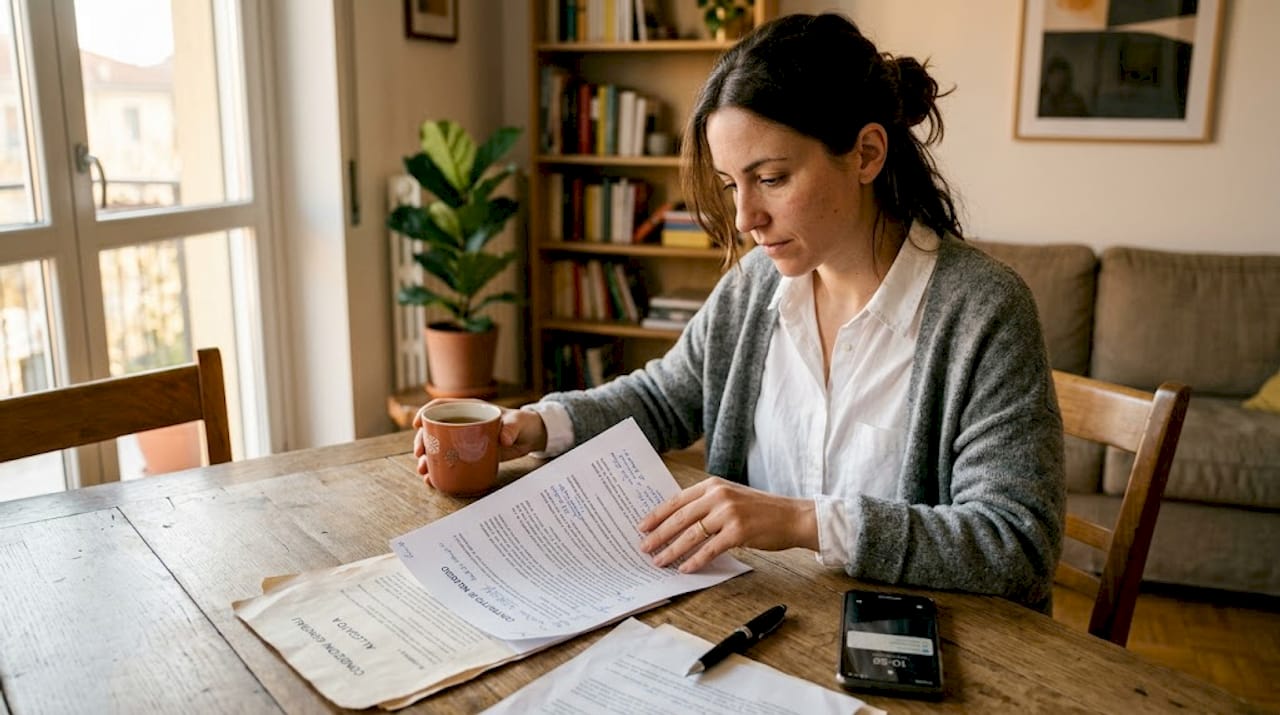 Una donna esamina attentamente le condizioni del contratto comodamente seduta nella sua casa.