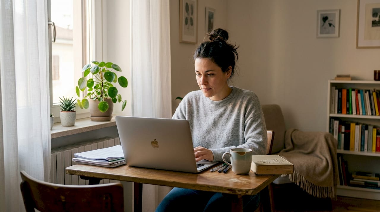 Donna che segue un corso online dal proprio angolo studio in casa