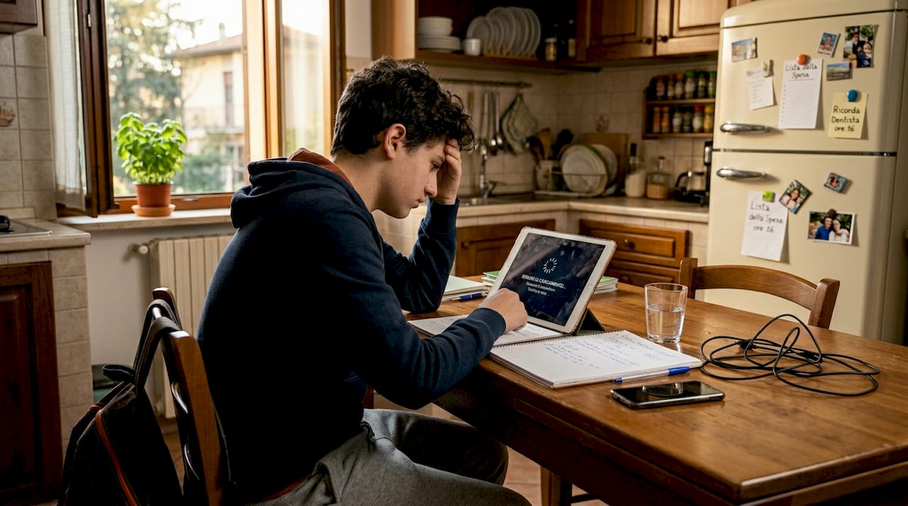 Un adolescente seduto al tavolo della cucina che cerca disperatamente di connettersi a internet, ma la connessione va e viene.