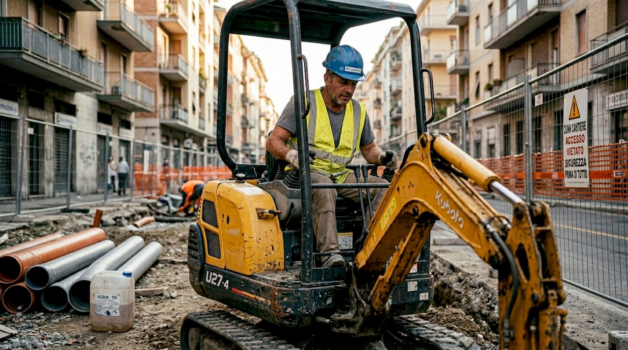 Un operaio manovra un escavatore all'interno di un cantiere cittadino.