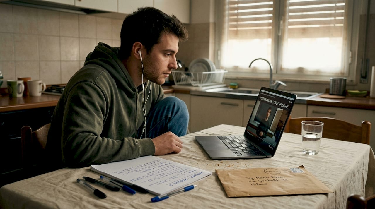 Un ragazzo seduto al tavolo della cucina si dedica allo studio online, circondato dai libri e dal computer.