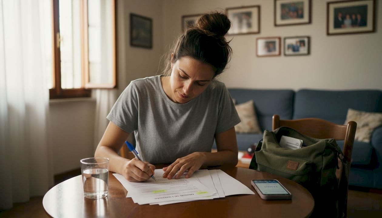 Una donna sta compilando i documenti per il diploma comodamente da casa.