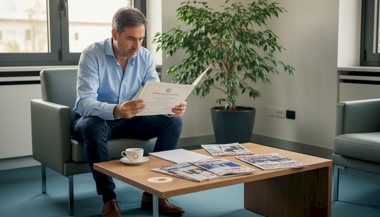 Un uomo rilegge il suo diploma prima di presentarsi a un colloquio di lavoro.