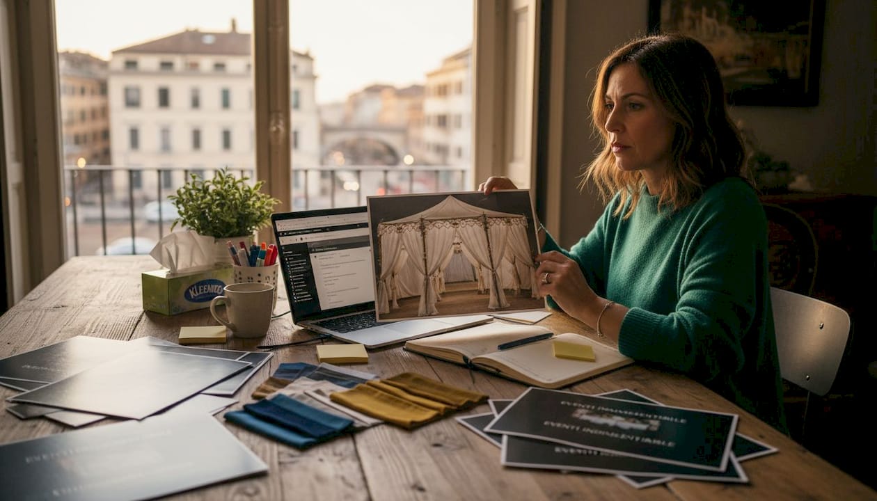 Una donna seduta al tavolo valuta diverse soluzioni per l’allestimento di un evento, confrontando attrezzature e materiali per trovare la scelta migliore.