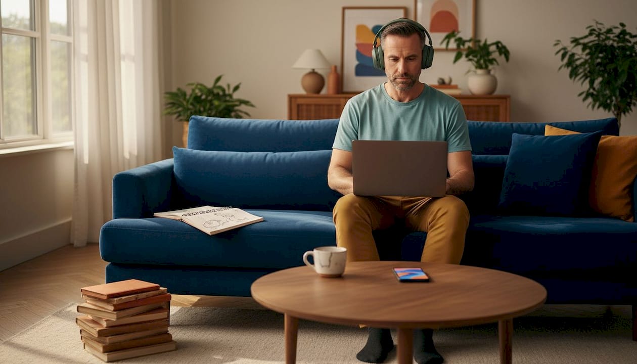Un uomo lavora comodamente da casa utilizzando una piattaforma digitale.