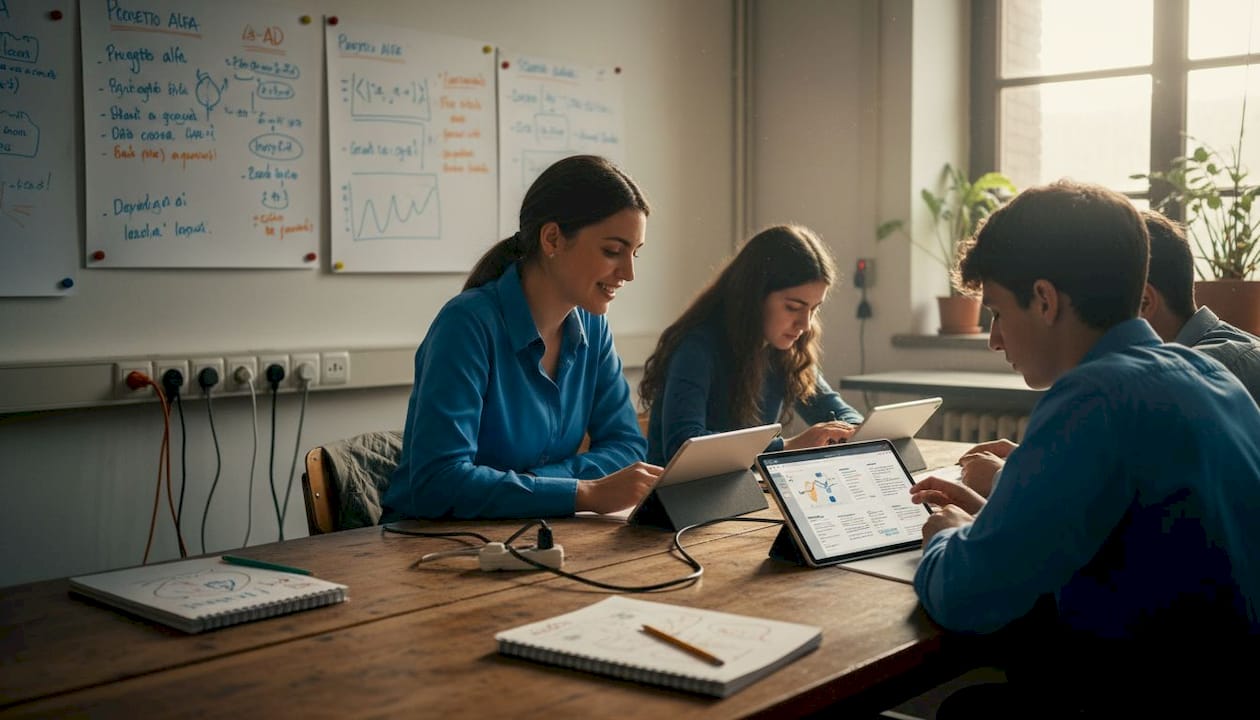 L’insegnante coordina il laboratorio digitale insieme agli studenti