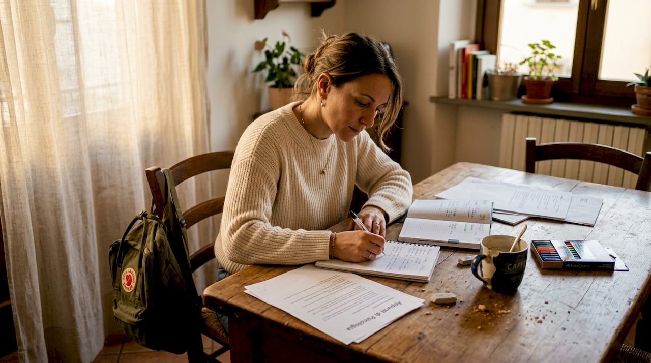 Un adulto che studia seduto al tavolo della cucina, immerso tra libri e appunti.