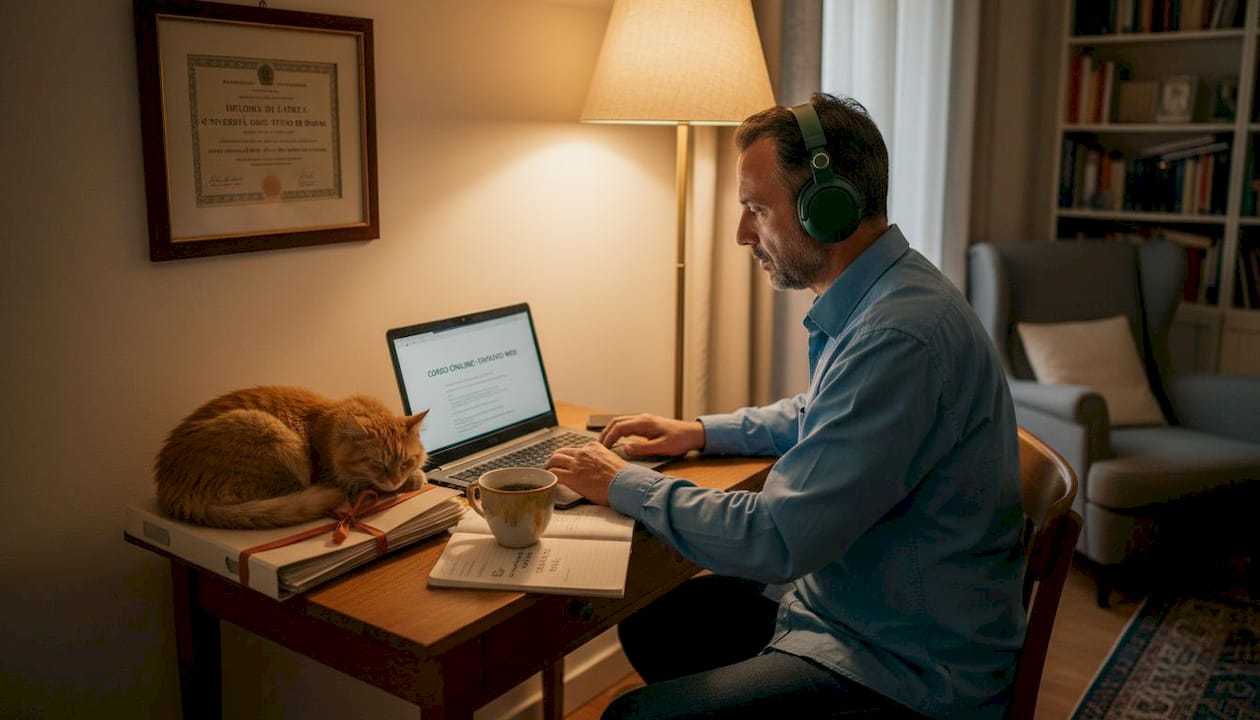 Un adulto che segue un corso online comodamente seduto alla propria scrivania di casa.